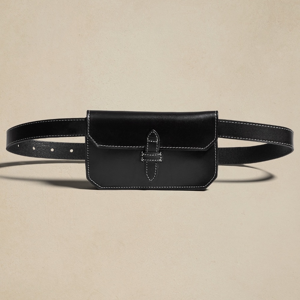 New! BANANA REPUBLIC Heritage Leather Belt Bag, Black w/ White stitching, OS - Picture 1 of 3